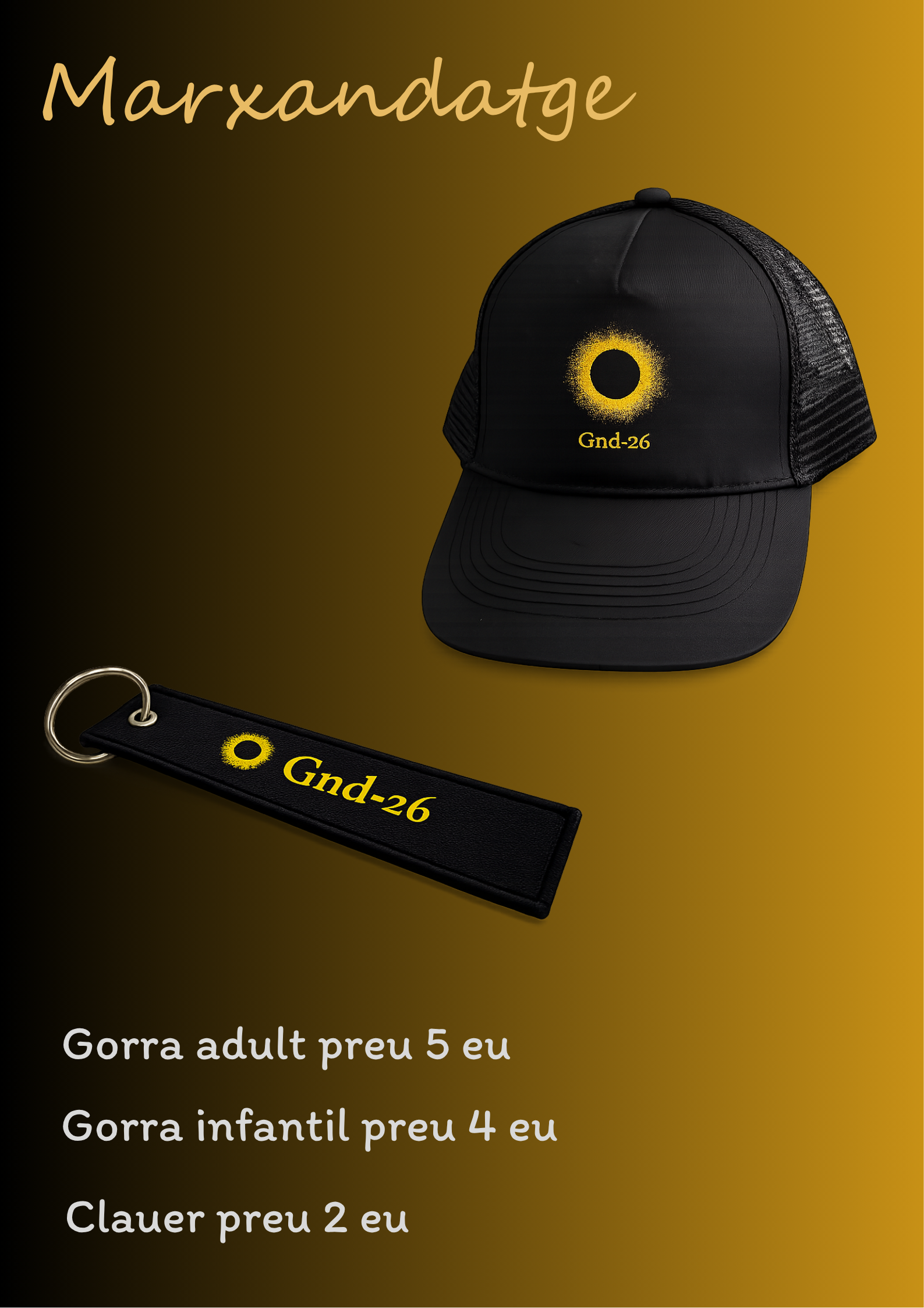 Gorra negra amb logotip Gnd-26 i clauer de l'eclipsi solar total Gandesa 2026